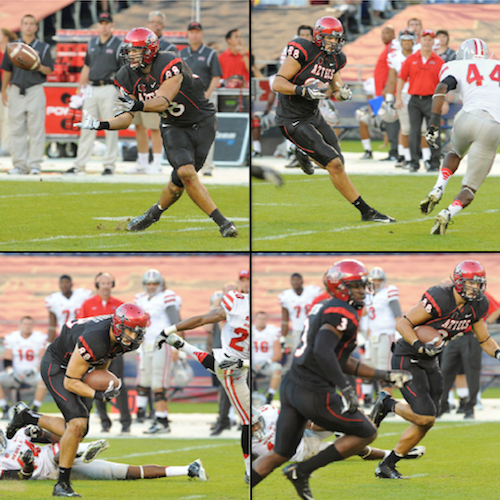 San Diego State tight end Gavin Escobar makes a catch and jukes a defender (Ernie Anderson/SDSU Media Relations)